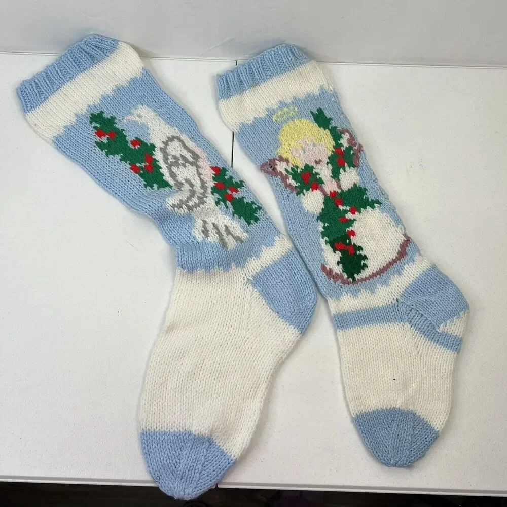 Knitted‎ Christmas Stocking Angel Bird Dove Blue Rustic Farmhouse Holiday Decor